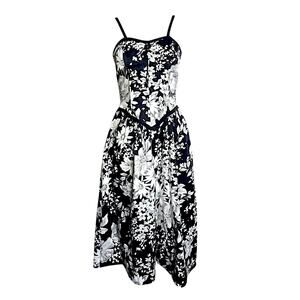 Vintage Eber San Francisco Floral Cotton Smocked Corset Midi Dress Size 5
